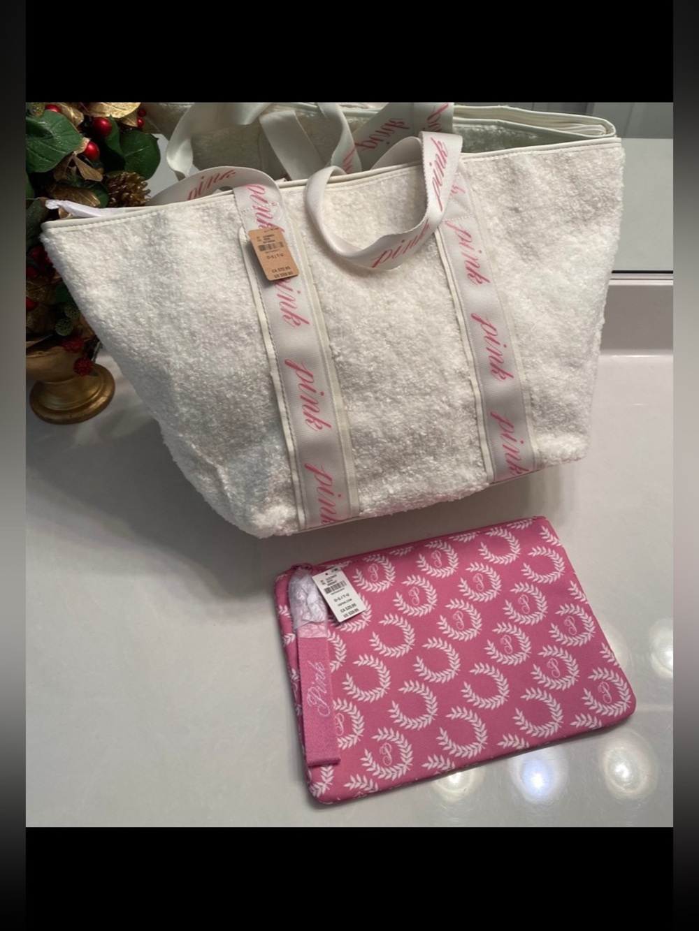 PINK Victoria's Secret Sherpa Tote and Matching Pink Pouch